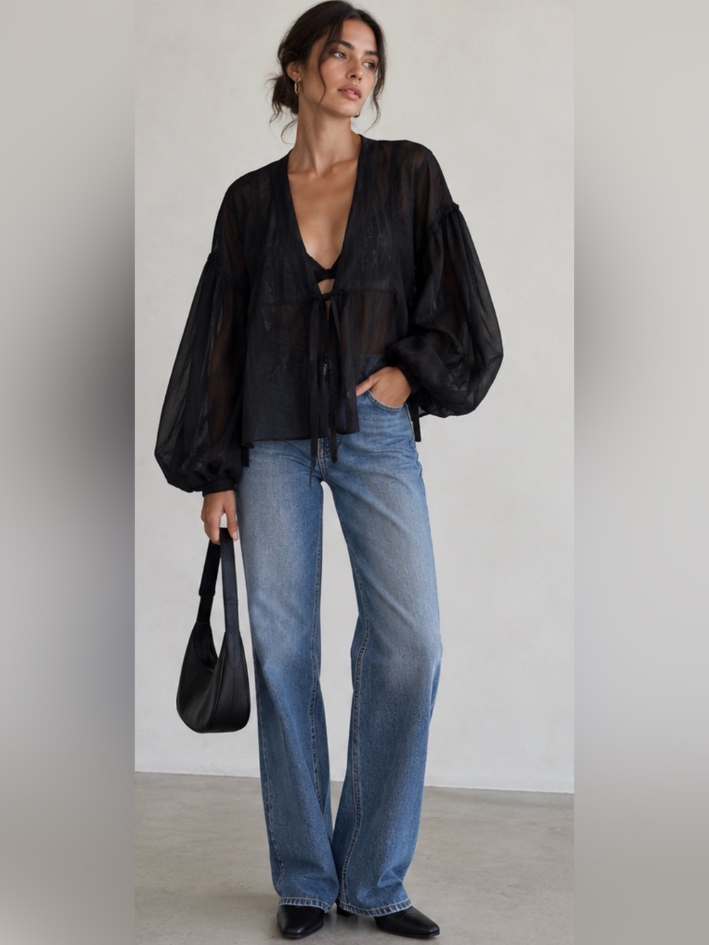 Zara Black Sheer Tie Front Blouse Balloon Sleeve Deep V Blouse Top | Size Large
